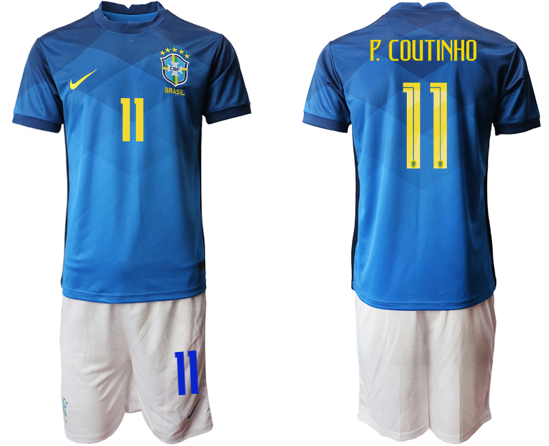 Men 2020-2021 Season National team Brazil away  blue #11 Soccer Jersey